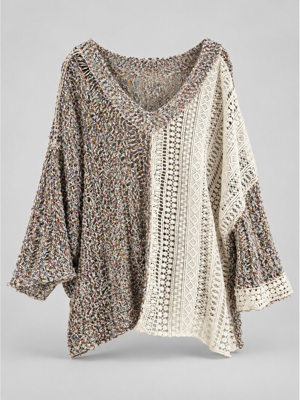 POL Women’s L Boho Mixed Knit Crochet Lace Asymmetrical Sweater Top